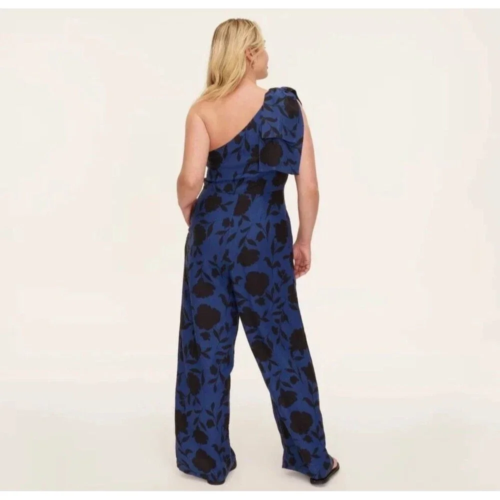 NWT~ Kate Spade sz 6 Classic Rose Floral Navy Blk Jumpsuit one shoulder bow